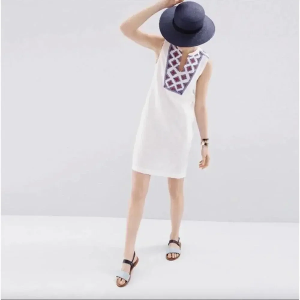 J. Crew Sleeveless V-Neck Embroidered Sunburst Dress Size XS Linen Cotton Boho